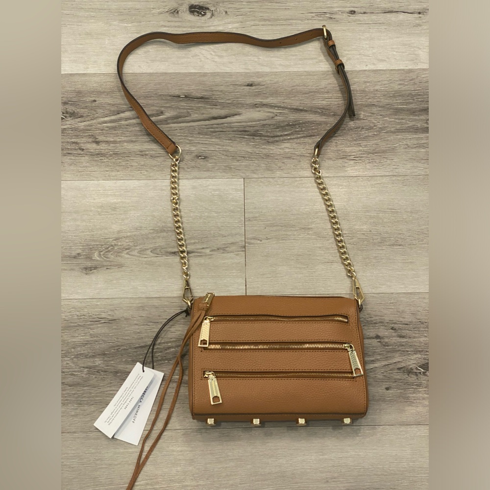 REBECCA MINKOFF 5-Zip Mini Crossbody Leather Bag Color:Almond NWT - Picture 2 of 9